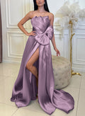 Elegant Strapless Sweep Train Prom Dresses With Split Front/Bow(s)