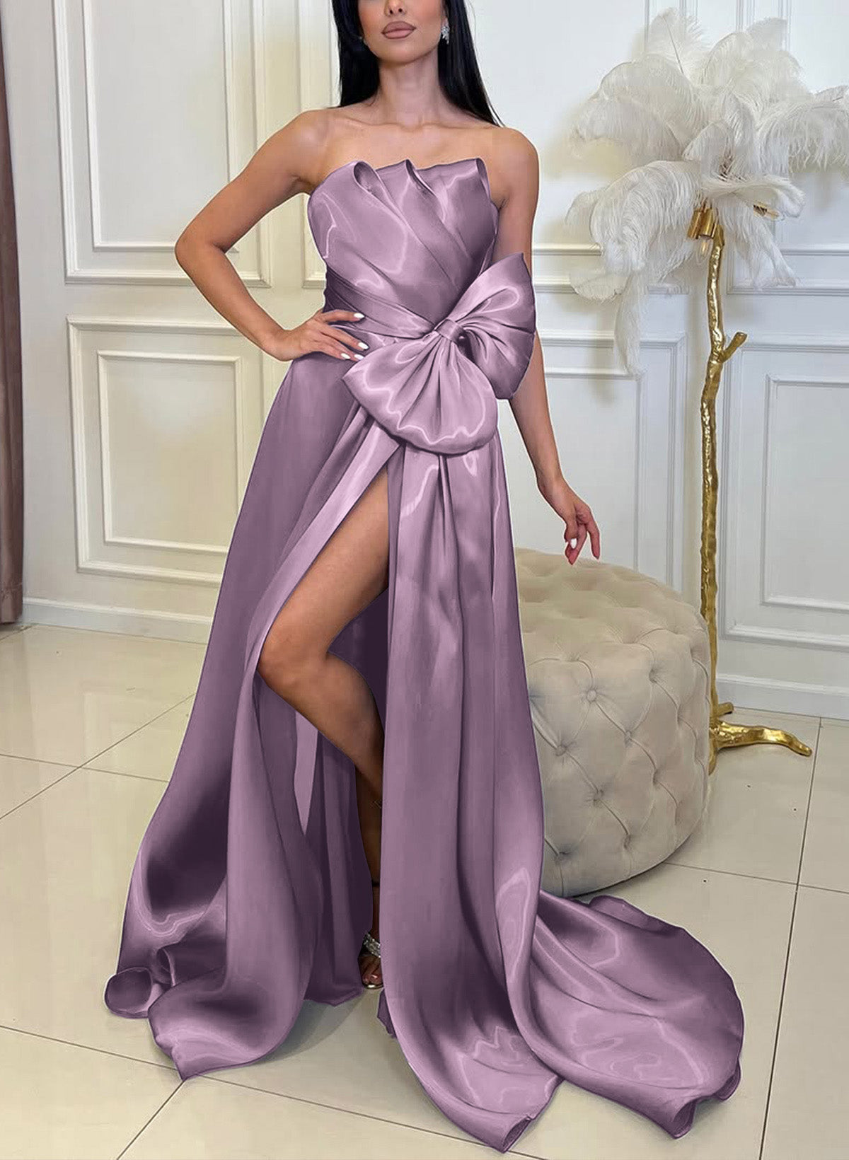 Elegant Strapless Sweep Train Prom Dresses With Split Front/Bow(s)