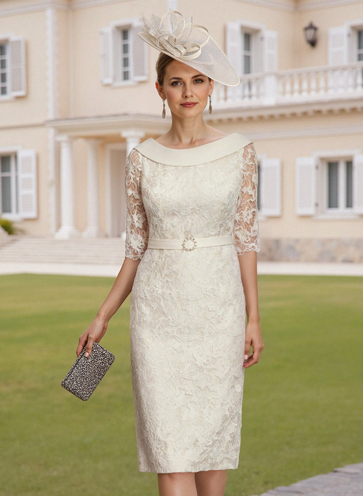 Elegant Sheath/Column Cowl Neck 1/2 Sleeves Knee-Length Satin Mother Of The Bride Dresses With Beading