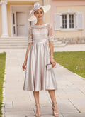 Elegant Cowl Neck Lace Short Sleeves A-Line Satin Mother Of The Bride Dresses