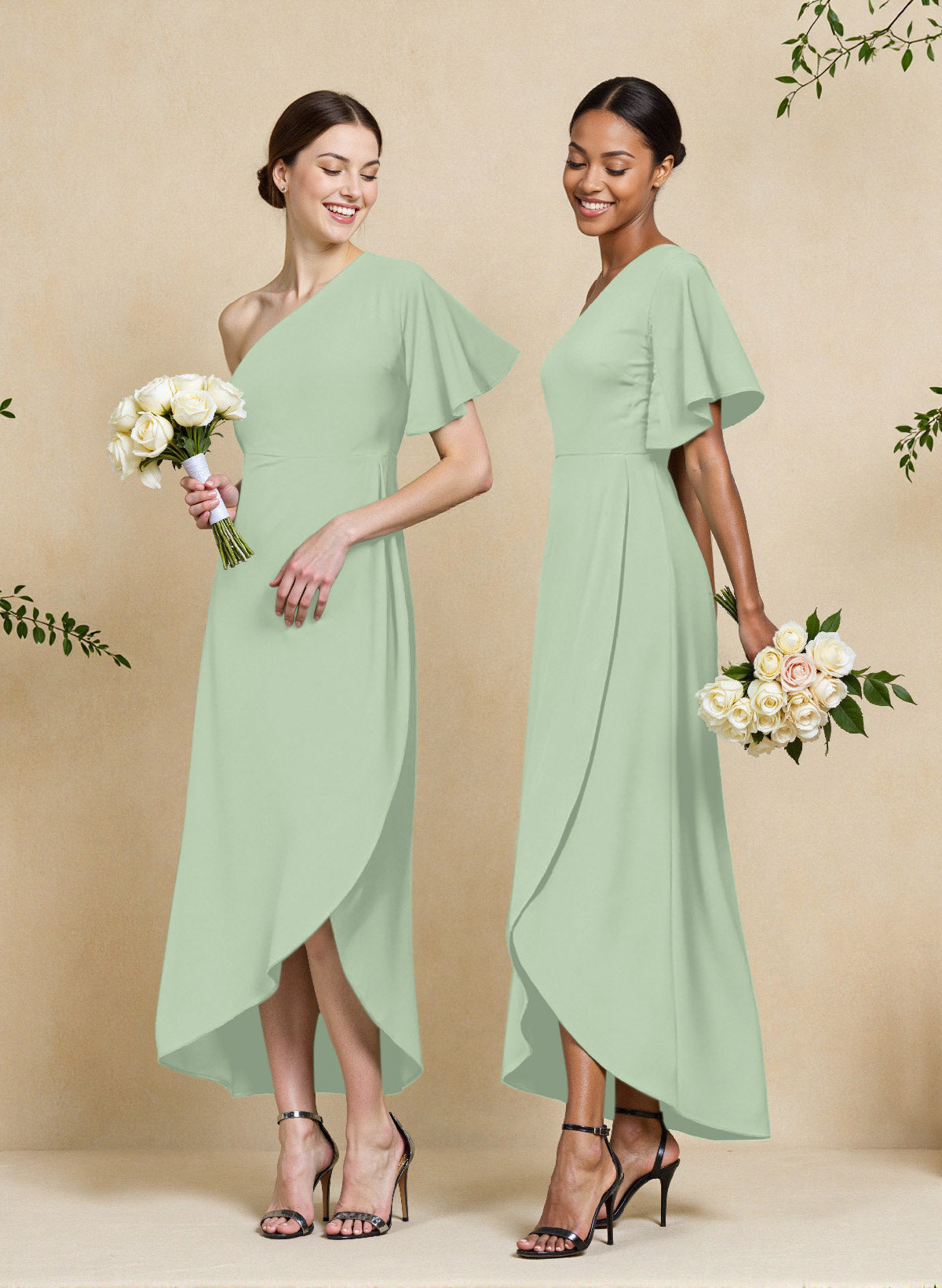 A-Line One-Shoulder Short Sleeves Asymmetrical Length Chiffon Bridesmaid Dresses