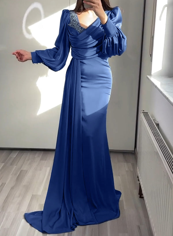 Sheath/Column Asymmetrical Acetate Satin Evening Dresses With Sweeping Side Drape