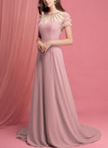 A-Line Illusion Neck Short Sleeves Chiffon Prom Dresses With Beading