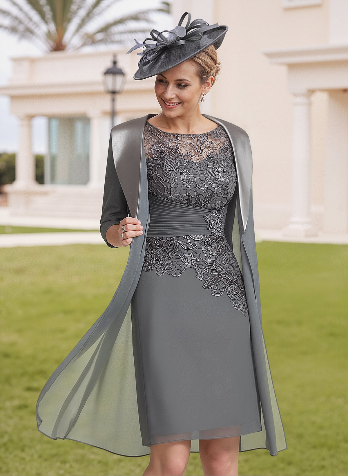 Elegant Sheath/Column Illusion Neck 1/2 Sleeves Knee-Length Lace/Chiffon Mother Of The Bride Dresses With Lace