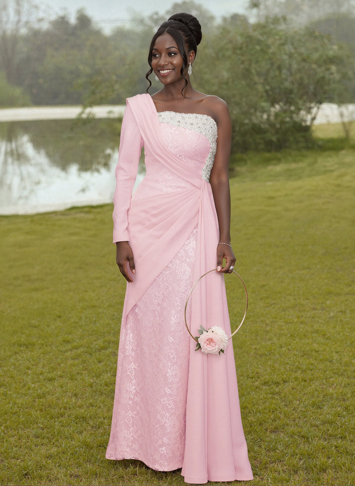 Luxury Beading One-Shoulder Long Sleeves Lace Bridesmaid Dresses With Sweeping Side Drape