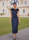 Elegant Sheath/Column Short Sleeves Tea-Length Charmeuse Mother Of The Bride Dresses With Pleated