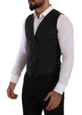 Men's Gray Striped Double Breasted Waistcoat Vest Black And Virgin Wool Clothing