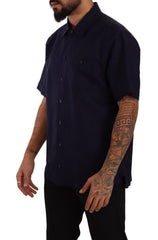 Men's Navy Blue Button Down Short Sleeves Shirt Flax Cotton