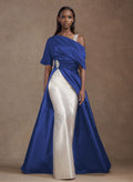 Unique Two Tone Asymmetrical Overskirt Crepe Satin Evening Dresses With Rhinestone