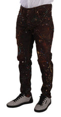 Men's Brown Splash Cotton Regular Denim Jeans Clothing