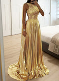 Unique One-Shoulder Pleated A-Line Sweep Train Evening Dresses