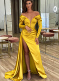 Off-The-Shoulder Long Sleeves High Slit Evening Dresses