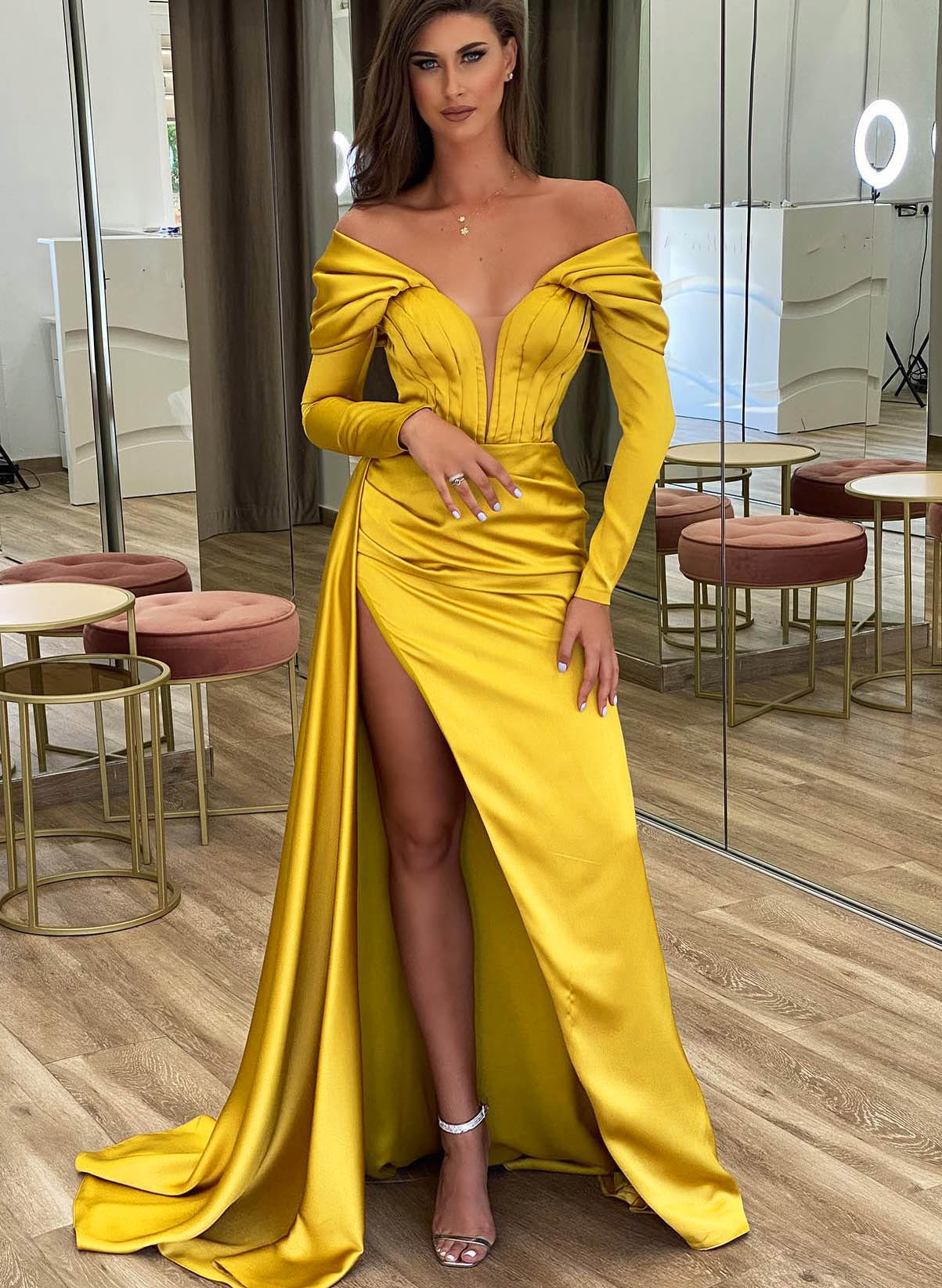 Off-The-Shoulder Long Sleeves High Slit Evening Dresses