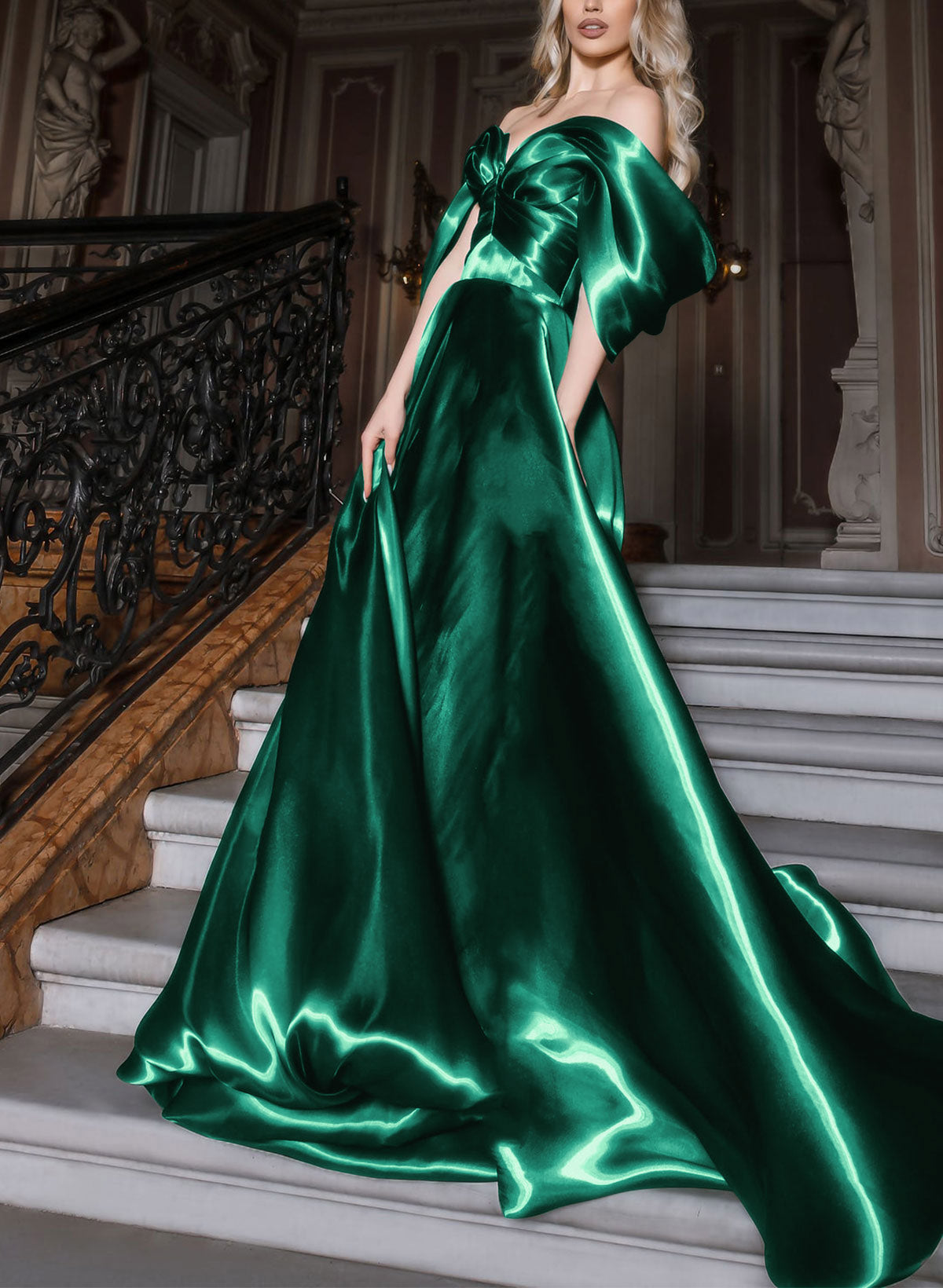 Luxury A-Line Off-The-Shoulder Chapel Train Liquid Satin Evening Dresses With Bow(s)