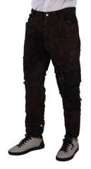 Men's Brown Cotton Distressed Regular Denim Jeans Elastane Clothing