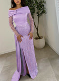 Sparkle Wrap Off-The-Shoulder Satin Evening Dresses With Sweeping Side Drape