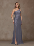 Classy Lace One-Shoulder High Split Crepe Satin Mother Of The Bride Dresses
