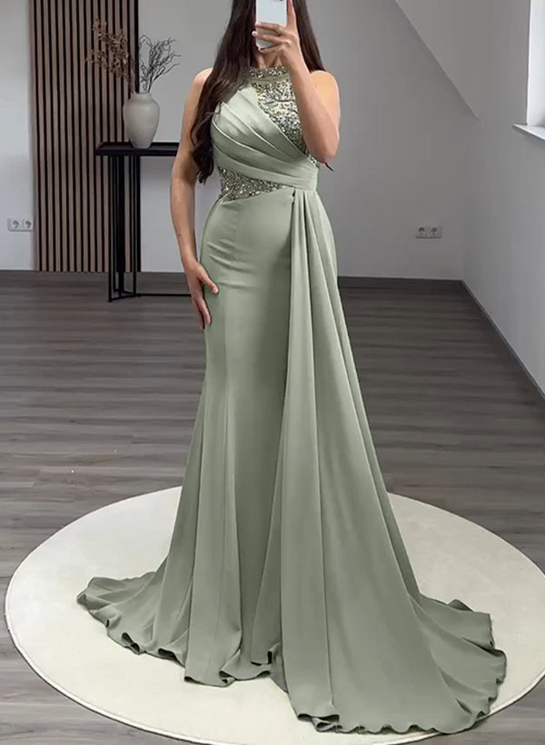 Trumpet/Mermaid High Neck Sweep Train Elastic Satin Evening Dresses With Rhinestone