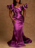 Sparkle & Shine Trumpet/Mermaid Off-The-Shoulder Sweep Train Liquid Satin Bridesmaid Dresses With Bow(s)