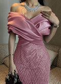 Sparkle & Shine Off-The-Shoulder Ankle-Length Matte Satin Evening Dresses With Beading