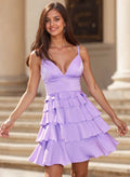 A-Line V-Neck Sleeveless Stretch Satin Homecoming Dresses With Tiered
