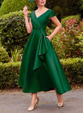 A-Line V-Neck Short Sleeves Tea-Length Satin Mother Of The Bride Dresses With Ruffle