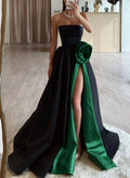 Classic Pleated Ruched Flowers High Side Split A-Line Sweep Train Satin Evening Dresses