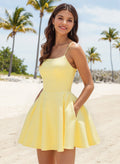 Square Neckline Sleeveless Criss Cross Back Matte Satin Homecoming Dresses With Pockets