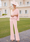 Jumpsuit/Pantsuit V-Neck Long Sleeves Floor-Length Elastic Satin Mother Of The Bride Dresses