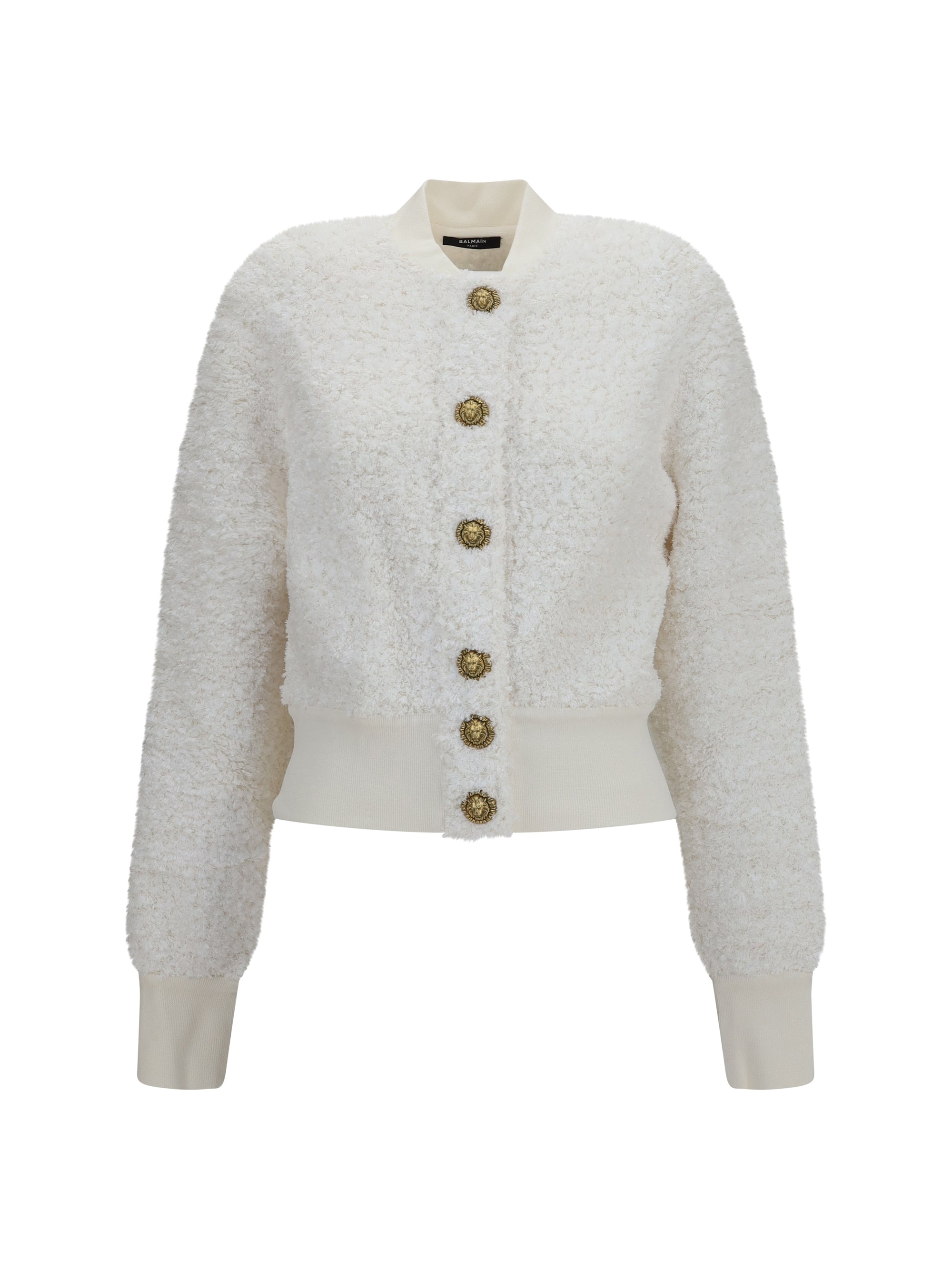 Balmain Tweed Bomber with Lion-Head Buttons Jacket — Beige