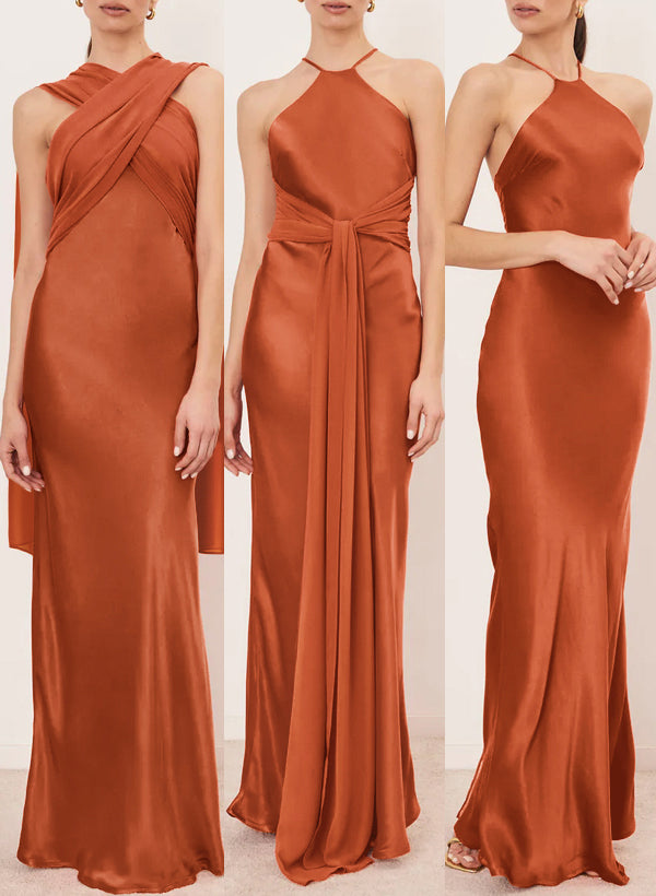 Sheath/Column Halter Floor-Length Stretch Satin Bridesmaid Dresses