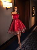 A-Line Strapless Knee-Length Matte Satin Homecoming Dresses With Flower(s)