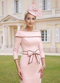 Elegant Off-The-Shoulder 3/4 Sleeves Knee-Length Elastic Satin Mother Of The Bride Dresses With Bow(s)