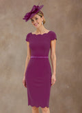 Scalloped Edge Neckline Short Sleeves Knee-Length Elastic Satin Mother Of The Bride Dresses With Beading