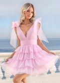 A-Line Plunge Neck Sleeveless Short/Mini Chiffon Homecoming Dresses With Bow(s)/Tiered