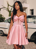 A-Line Strapless Short/Mini Matte Satin Homecoming Dresses With Bow(s)/Beading