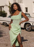 Sheath/Column One-Shoulder Knee-Length Crepe Satin Cocktail Dresses With High Split