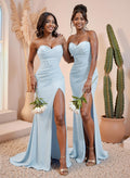 Ruched Sweetheart High Split Sweep Train Crepe Satin Bridesmaid Dresses