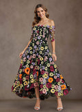 A-Line Off-The-Shoulder 1/2 Sleeves Asymmetrical Lace/Tulle Cocktail Dresses With Flower(s)