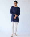 Blue Chessboard Boatneck Shirt Kurta Set By KYNAH, Luxury Indian Fashion & Bridal Wear