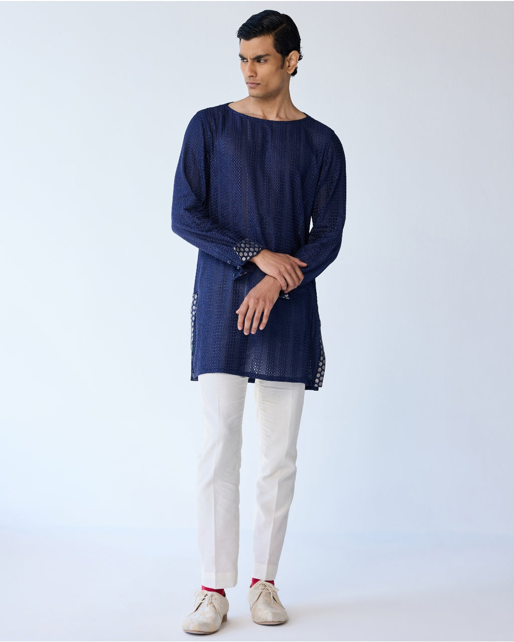 Blue Chessboard Boatneck Shirt Kurta Set By KYNAH, Luxury Indian Fashion & Bridal Wear