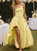 Sweet & Flow Ruched Strapless Sleeveless A-Line Asymmetrical Length Taffeta Prom Dresses