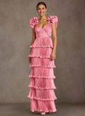 Luxury Sheath/Column V-Neck Floor-Length Silk Like Satin Mother Of The Bride Dresses With Cascading Ruffles/Flower(s)