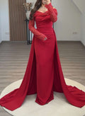 Elegant Off-The-Shoulder Lace Long Sleeves Overskirt Sweep Train Elastic Satin Evening Dresses