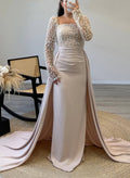 Elegant Lace Square Neckline Long Sleeves Overskirt Sweep Train Elastic Satin Evening Dresses With Beading