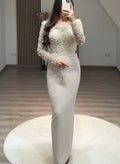 Elegant Asymmetrical Neckline Beading Long Sleeves Floor-Length Elastic Satin Evening Dresses