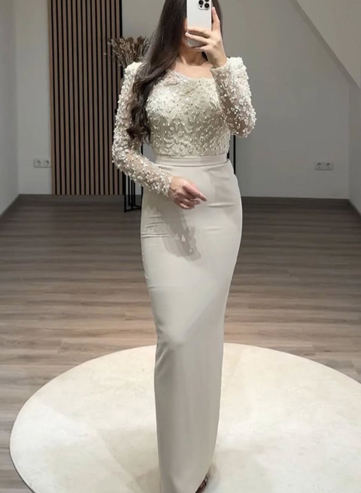 Elegant Asymmetrical Neckline Beading Long Sleeves Floor-Length Elastic Satin Evening Dresses