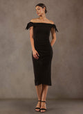 Sheath/Column Off-The-Shoulder Tea-Length Elastic Satin Mother Of The Bride Dresses With Bow(s)