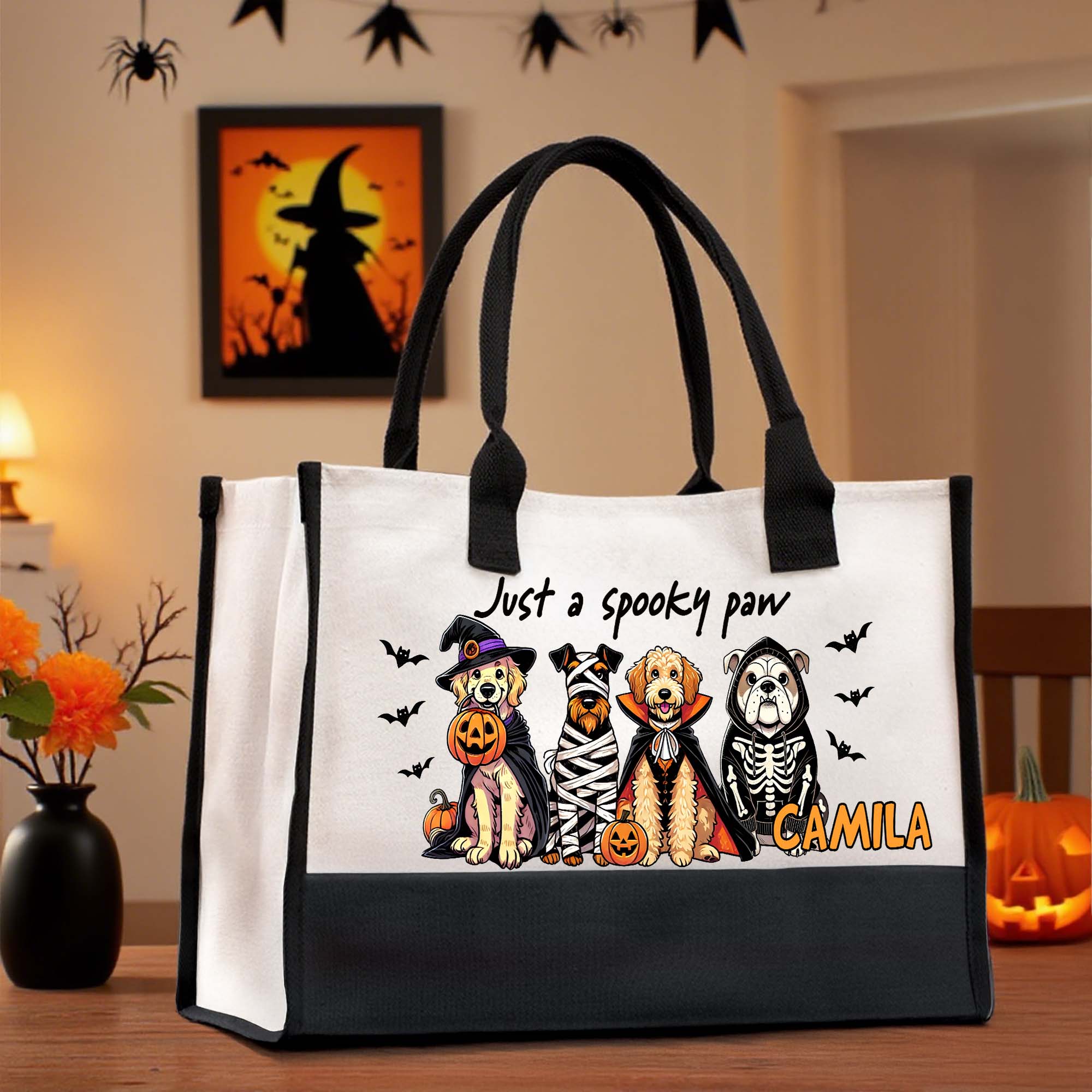 Bolsa de lona grande personalizada con nombre Truco o trato Regalo de Halloween para amigos amantes de las mascotas
