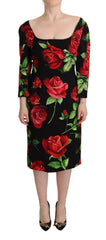 Women's Black Red Roses Sheath Stretch Silk Dress Elastane